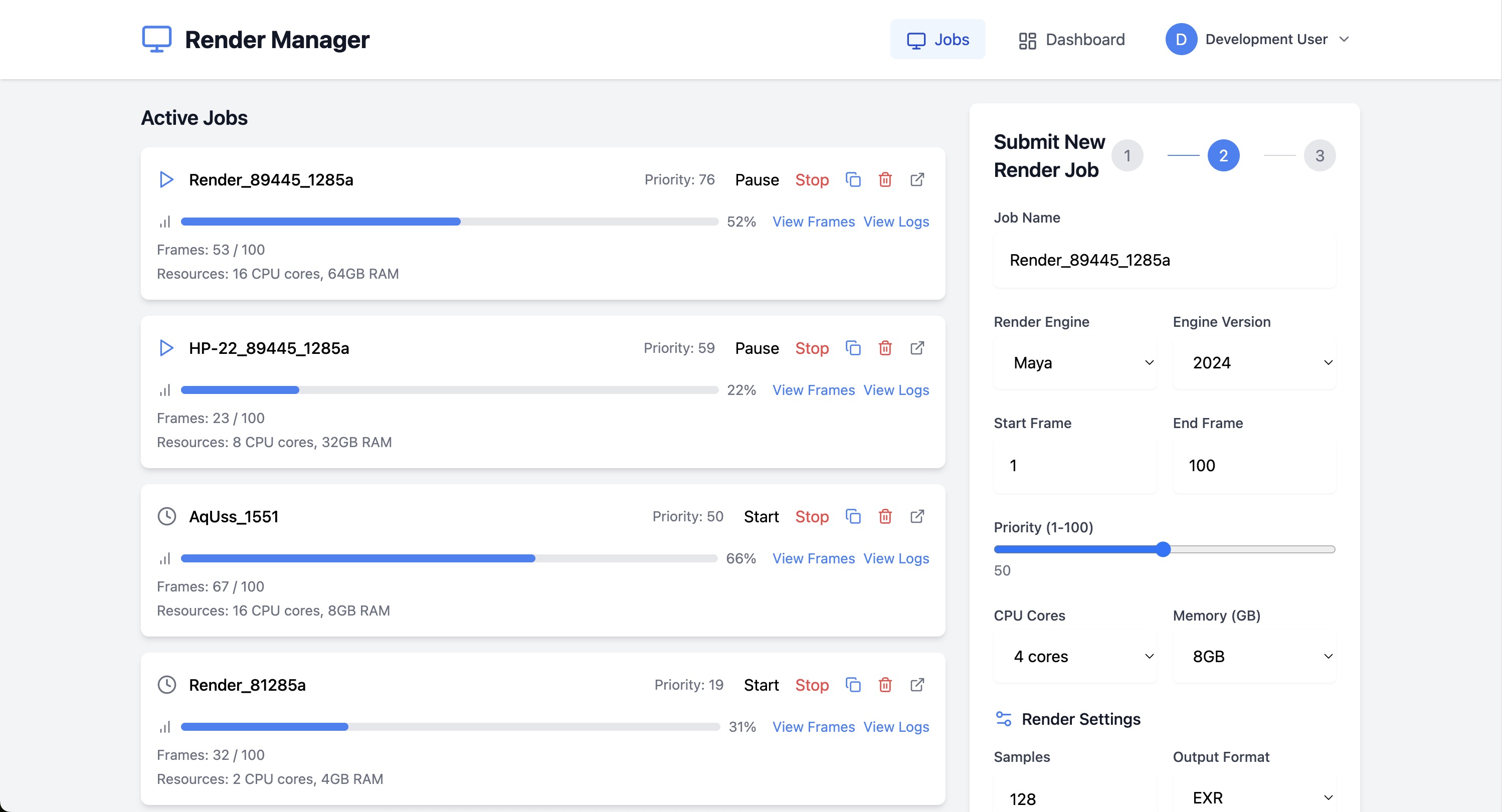 RenderBob 2 AI-powered render management dashboard showing intelligent frame selection